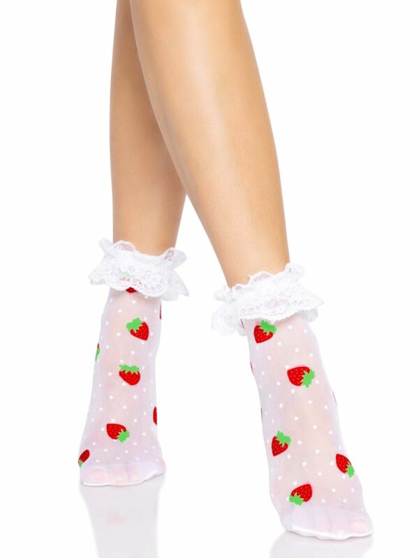 Шкарпетки жіночі з полуничним принтом Leg Avenue Strawberry ruffle top anklets One size, мереживні м - Зображення 2