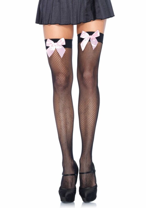 Панчохи-сітка з атласним бантиком Leg Avenue Fishnet Thigh Highs One size Black With Bow Pink