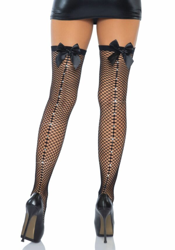 Панчохи-сітка зі швом ззаду Leg Avenue Bow back seam thigh highs One size Black, атласний бант - Зображення 3