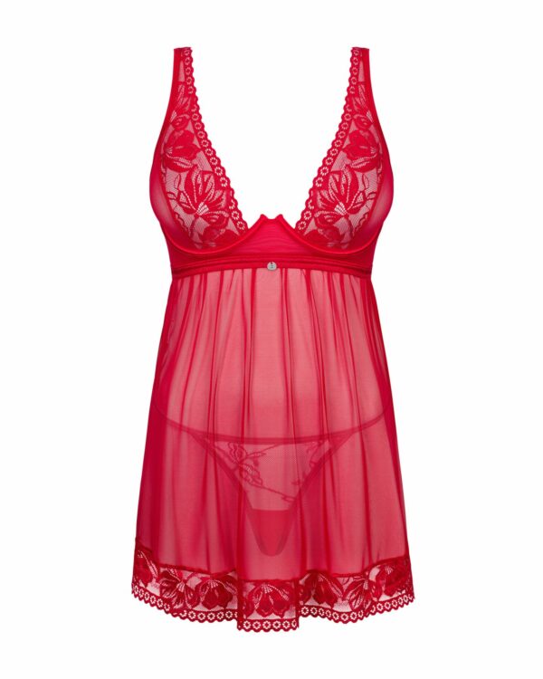 Прозора сорочка бебі-дол Obsessive Lacelove babydoll & thong M/L Red, мереживо, стрінги - Зображення 3