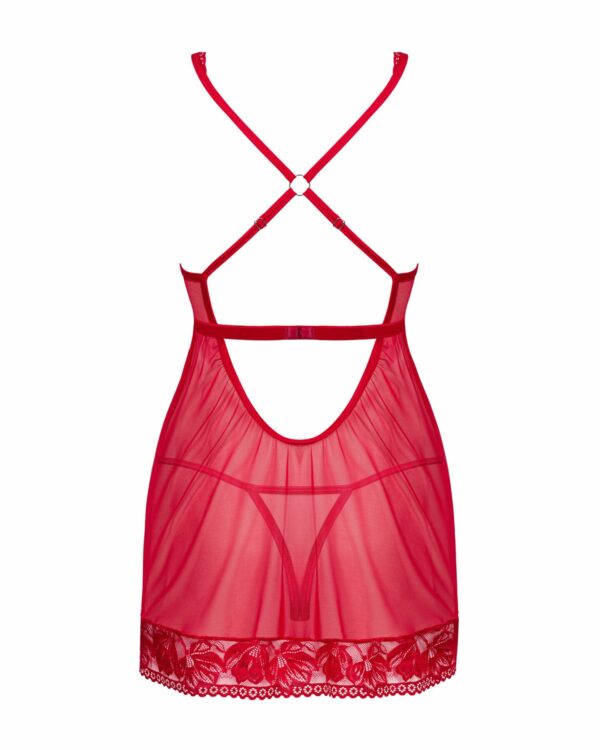 Прозора сорочка бебі-дол Obsessive Lacelove babydoll & thong M/L Red, мереживо, стрінги - Зображення 4