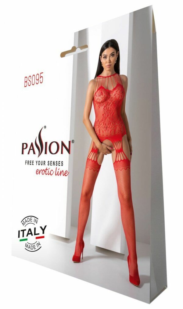 Бодістокінг з безліччю бретелей Passion BS095 One Size, red, імітація пояса та панчіх, з доступом - Зображення 6