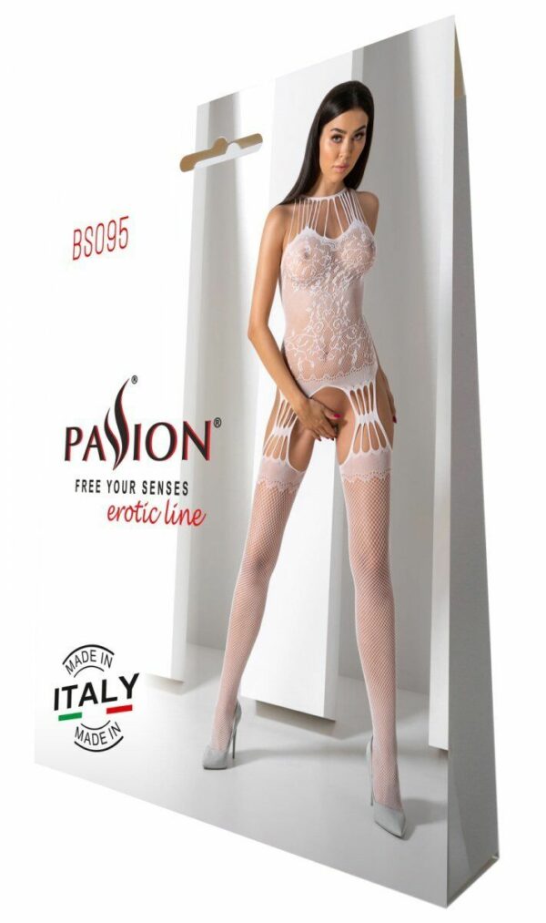 Бодістокінг з безліччю бретелей Passion BS095 One Size, white, імітація пояса та панчіх, з доступом - Зображення 6