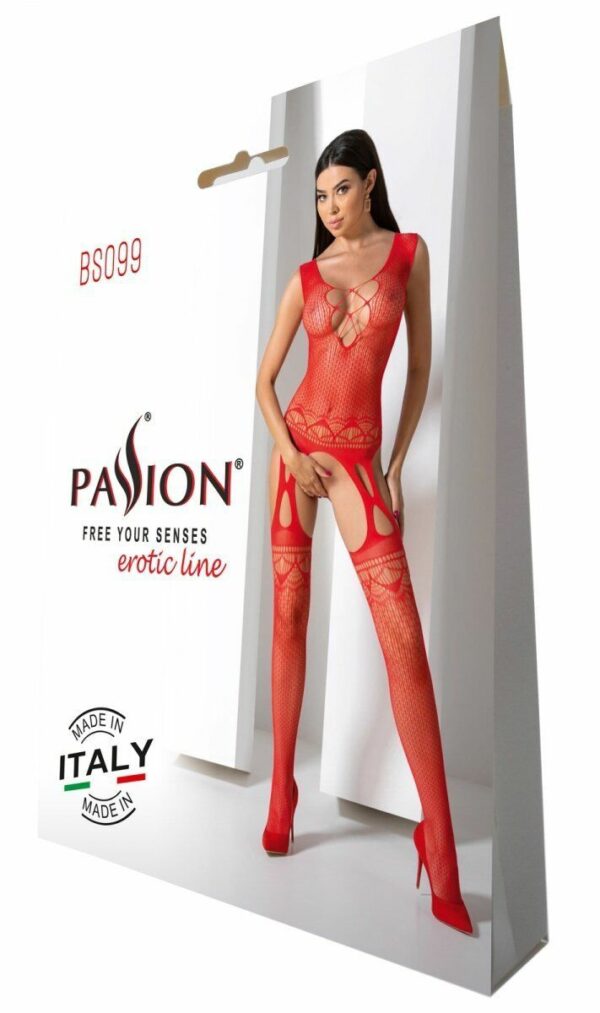 Бодістокінг з плетінням на грудях Passion BS099 One Size, red, відкритий доступ, імітація підв’язок - Зображення 6