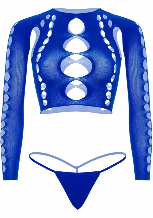 Комплект Leg Avenue Long sleeve crop top & string Royal Blue One Size, топ, стрінги - Зображення 3