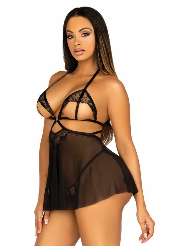 Сорочка бебі-дол з відкритими чашками Leg Avenue Lace and mesh babydoll & panty Black L, стринги - Зображення 6