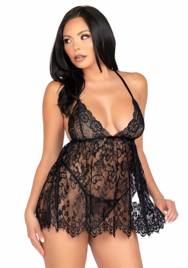 Сорочка бебі-дол Leg Avenue Floral lace babydoll & string Black S, стрінги - Зображення 5