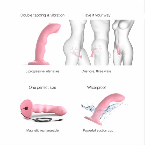Насадка для страпона з подвійною точковою пульсацією Strap-On-Me TAPPING DILDO WAVE – CORAL PINK, М - Зображення 3
