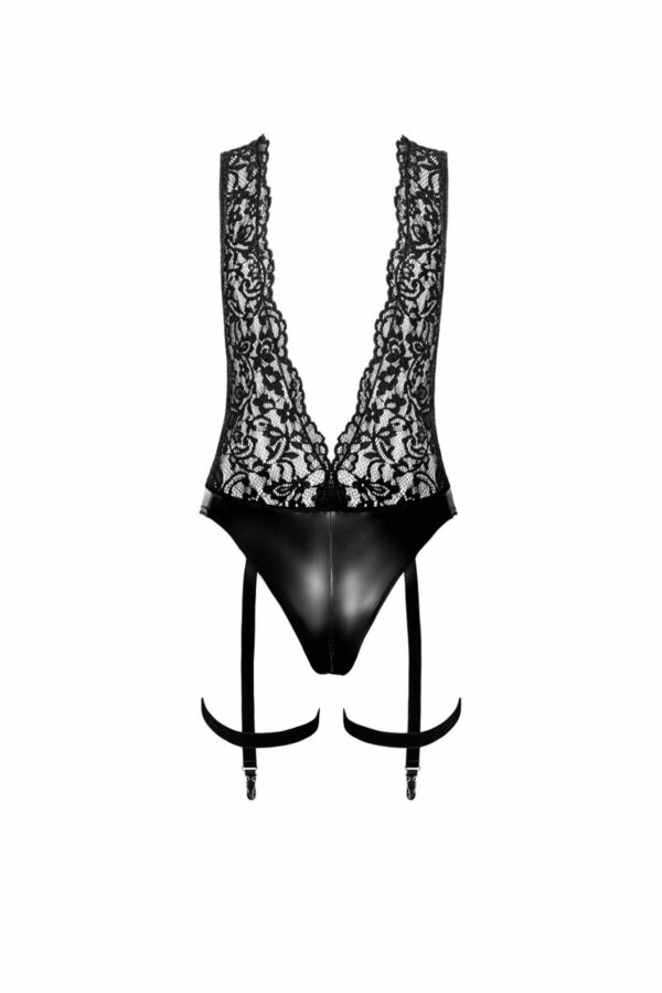 Боді Noir Handmade F297 Libido Deep-V bodysuit with collar, pearl chain and garter - S - Зображення 5