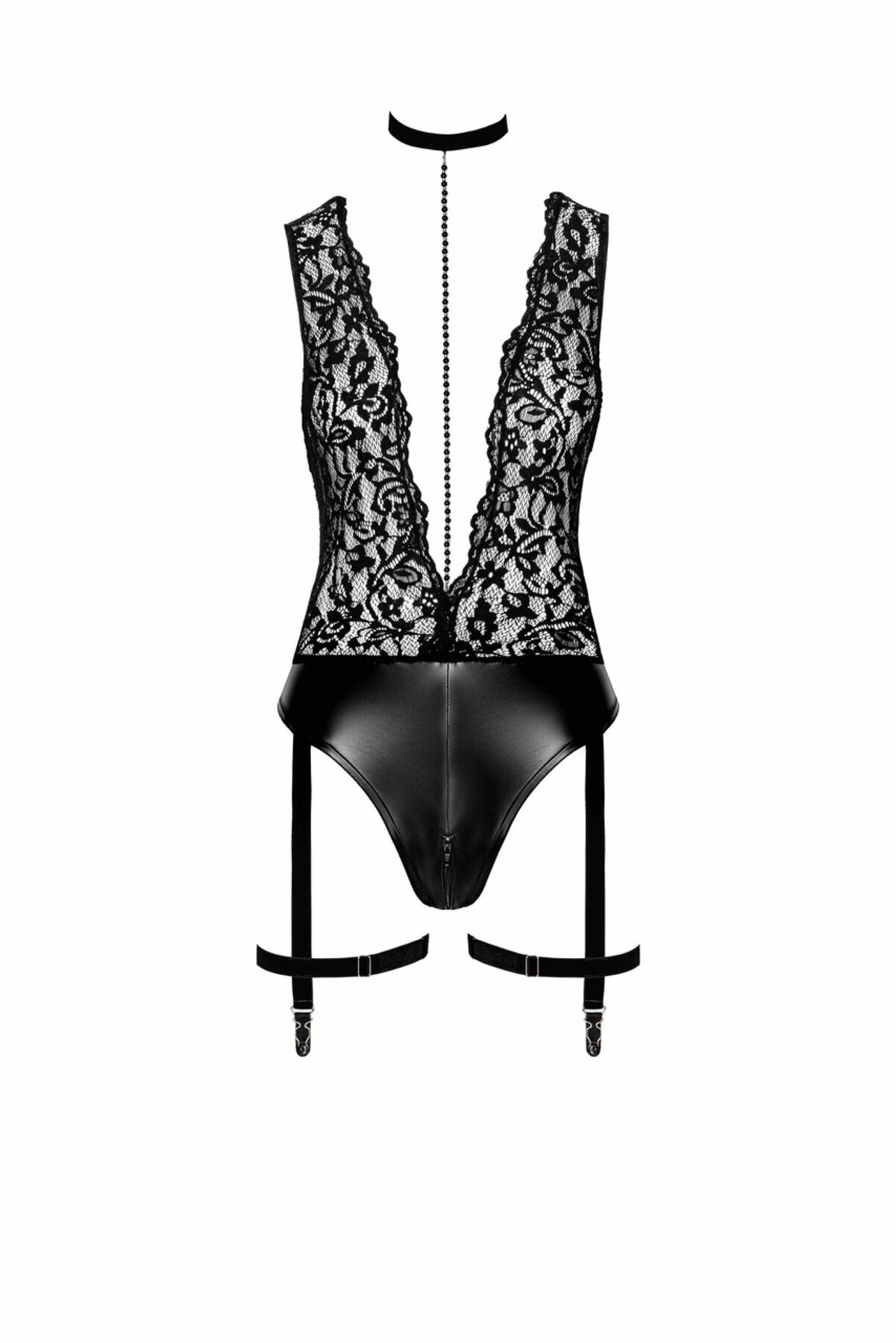 Боді Noir Handmade F297 Libido Deep-V bodysuit with collar, pearl chain and garter - M - Зображення 4