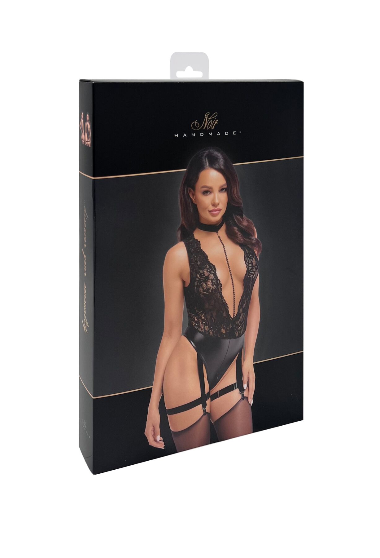 Боді Noir Handmade F297 Libido Deep-V bodysuit with collar, pearl chain and garter - XL - Зображення 6