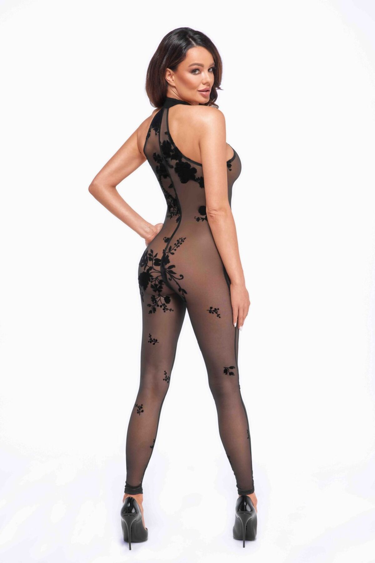Бодістокінг Noir Handmade F315 Ego flocked mesh halter catsuit - XL - Зображення 3