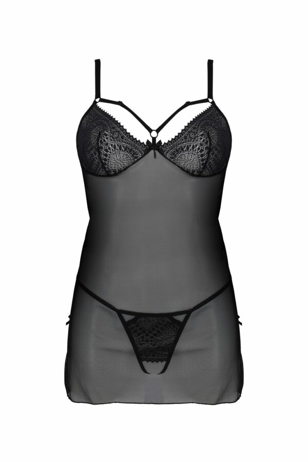 Пеньюар Passion DROSERA CHEMISE black, XXL/XXXL, мереживний ліф зі стрепами, трусики в комплекті - Зображення 3