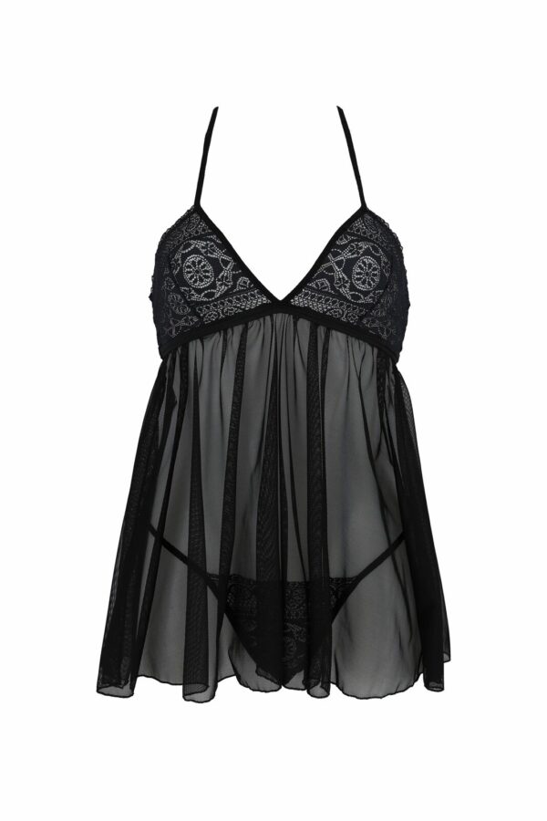 Пеньюар Passion KERRIA CHEMISE black, S/M, мереживний верх, трусики в комплекті - Зображення 3