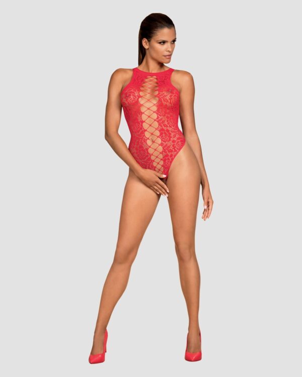 Ажурний бодістокінг із ефектом шнурівки Obsessive B120 teddy red S/M/L, червоний (м'ята упаковка!!!) - Зображення 4