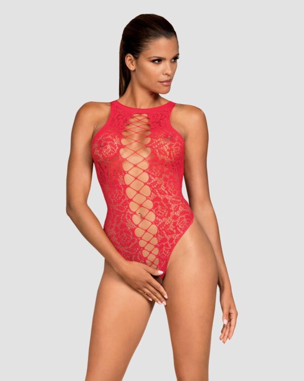 Ажурний бодістокінг із ефектом шнурівки Obsessive B120 teddy red S/M/L, червоний (м'ята упаковка!!!)