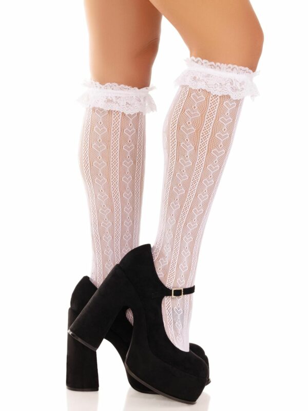 Шкарпетки ажурні з рюшами Leg Avenue Sweetheart Ruffle Cuff Knee Highs White, високі - Зображення 2