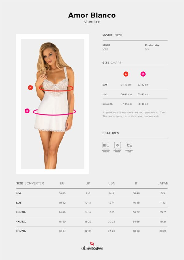 (SALE) Сорочка Obsessive Amor Blanco underwire chemise & thong white L/XL - Зображення 5