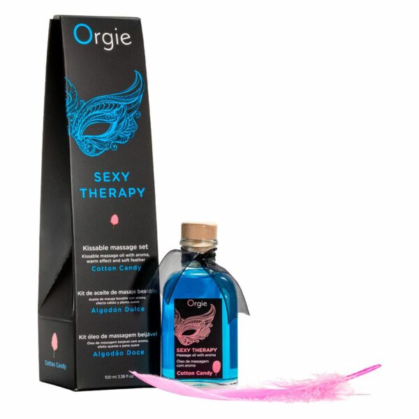 Набір для масажу Orgie – Sexy Therapy Cotton Candy (100 мл), їстівна розігрівальна олія + пір’їнка