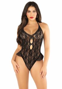 Боді Leg Avenue Lace Floral Lace Halter Teddy with Flutter Accent One Size, Black