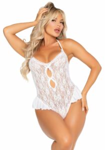 Боді Leg Avenue Lace Floral Lace Halter Teddy with Flutter Accent One Size, White
