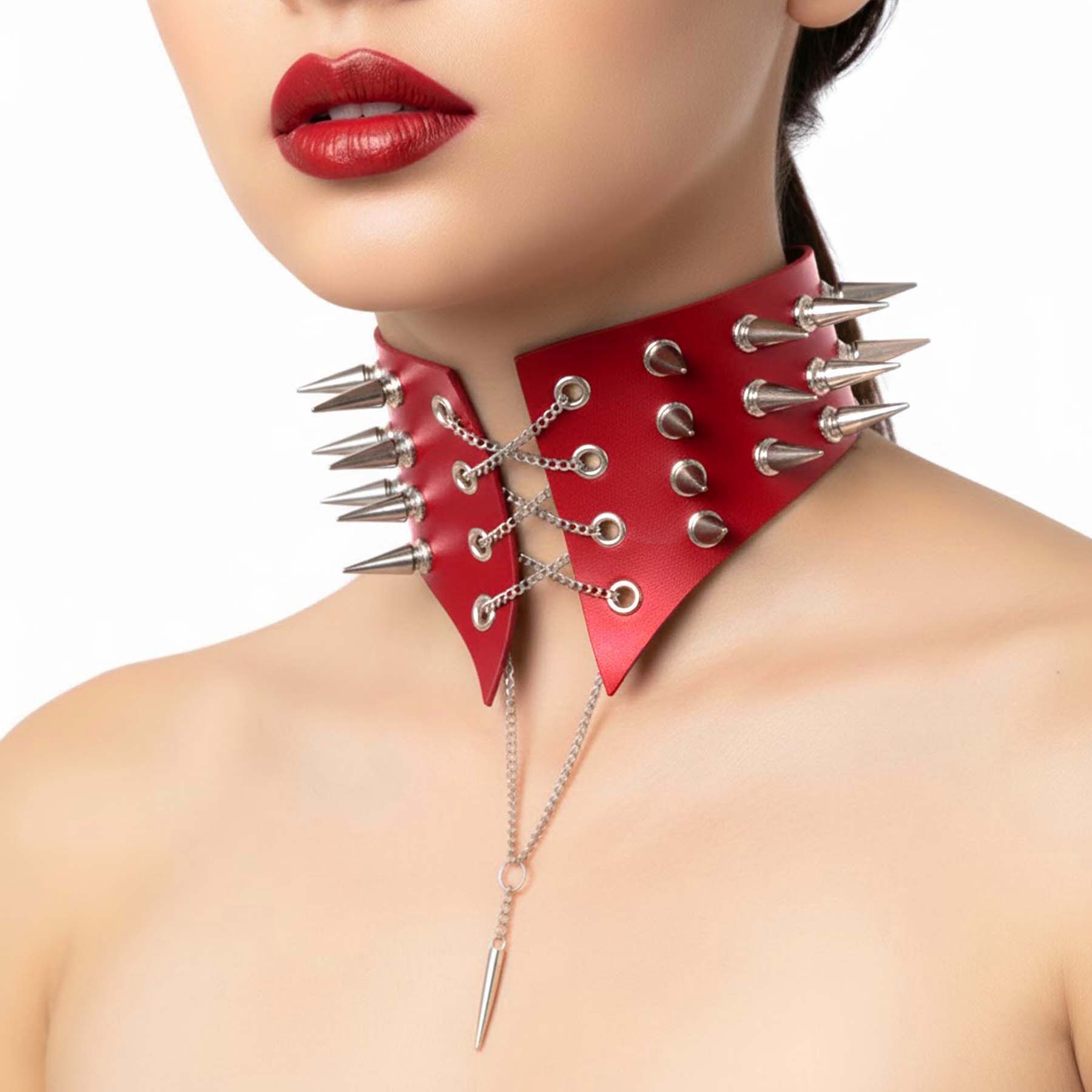 Чокер комір з шипами Art of Sex - Ariadna, натуральна шкіра, колір червоний, XS-M - Зображення 2