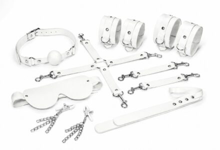 Набір Feral Feelings BDSM Kit 7 White, наручники, поножі, конектор, маска, падл, кляп, затискачі