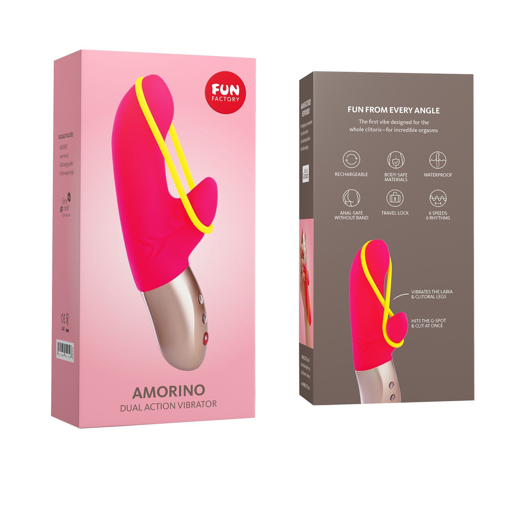 Мінівібратор-кролик зі стимулювальною стрічкою Fun Factory AMORINO pink/neon yellow (м'яте паковання!!!) - Зображення 6